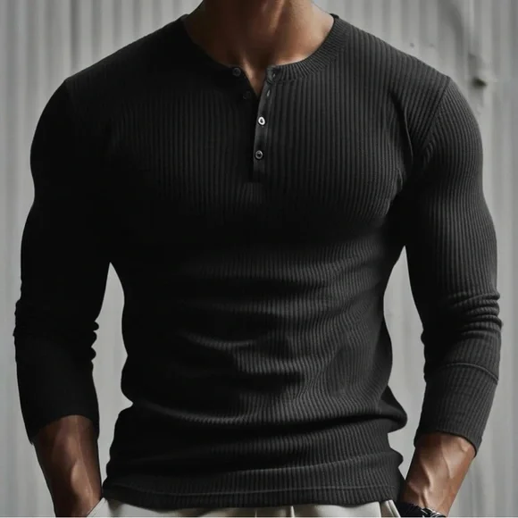 AHA Selected Men's Black Henley Ribbed Shirt - Picture 3 of 3